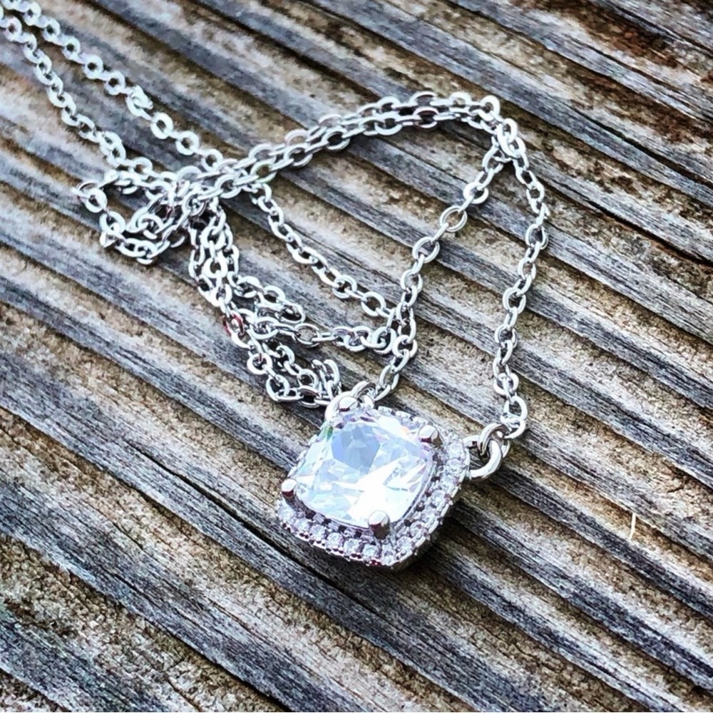 925 Cushion Cut Diamond with Halo Necklace - Picture 7 of 9